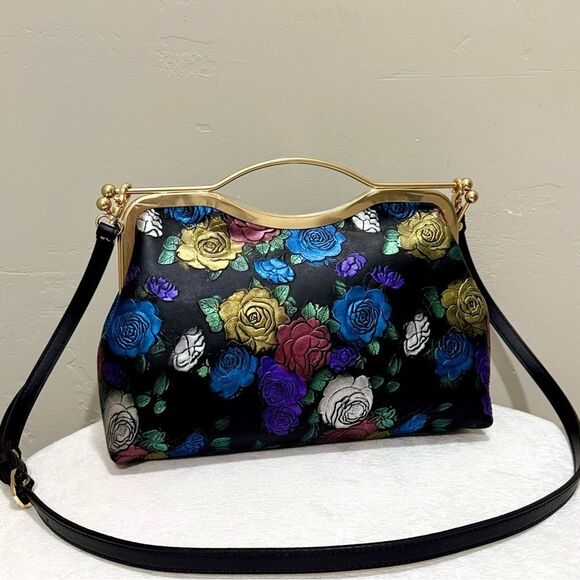 Colorful Rose Embossed Cowhide Handmade Top Handle with Double Kisslock Handbag - Picture 1 of 16